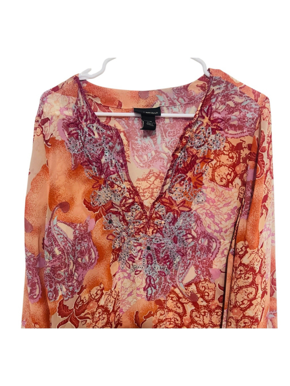 Lane Bryant Beaded Floral Sheer Boho Tunic Blouse Fall Rust Orange Size 14/16 1X